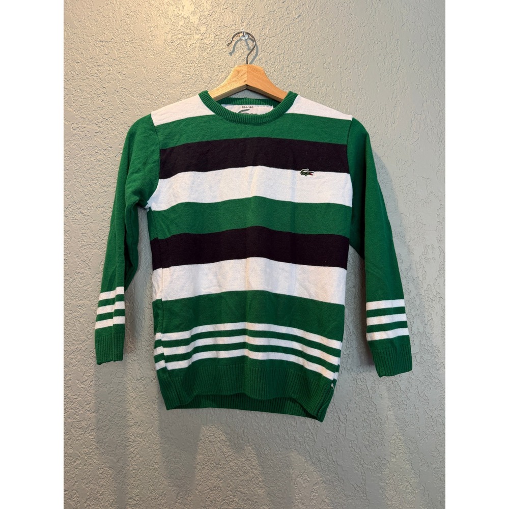 Lacoste Boys Green White Navy Striped Crew Neck Knit Sweater Size 134-140